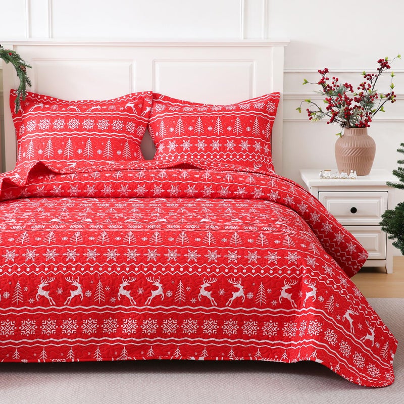JSD Christmas Quilt Set Twin Size, 2 Piece Red Snowflakes Reindeer Tree Printed Bedspreads Coverlet with Pillow Sham - Image 1